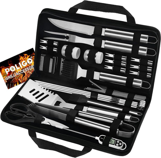 29 Piece BBQ Grill Tools Set Stainless Steel with Storage Bag, Thermometer, Tongs, Spatula, Skewers for Outdoor Cooking Silver