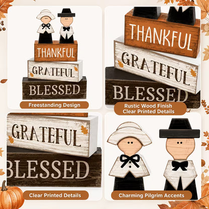 Thanksgiving Tiered Tray Decoration, Rustic Wooden Pilgrim Couple