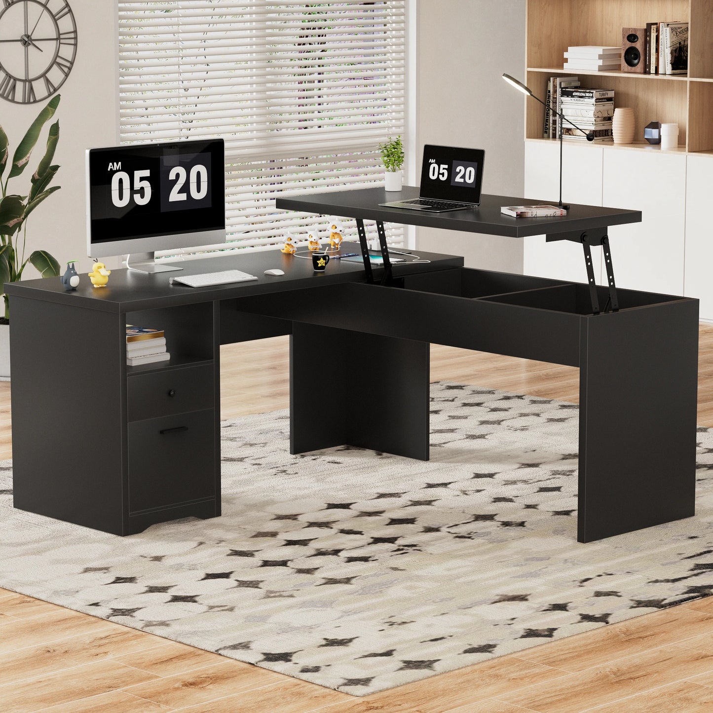 Lift Top L-Shaped Desk with Charge Station, Corner Standing Desk with File Drawers for Home Office