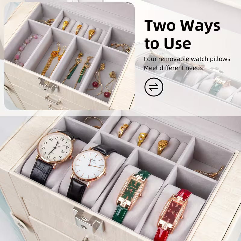Jewelry box trays holding rings, earrings and watches on removable pillows
