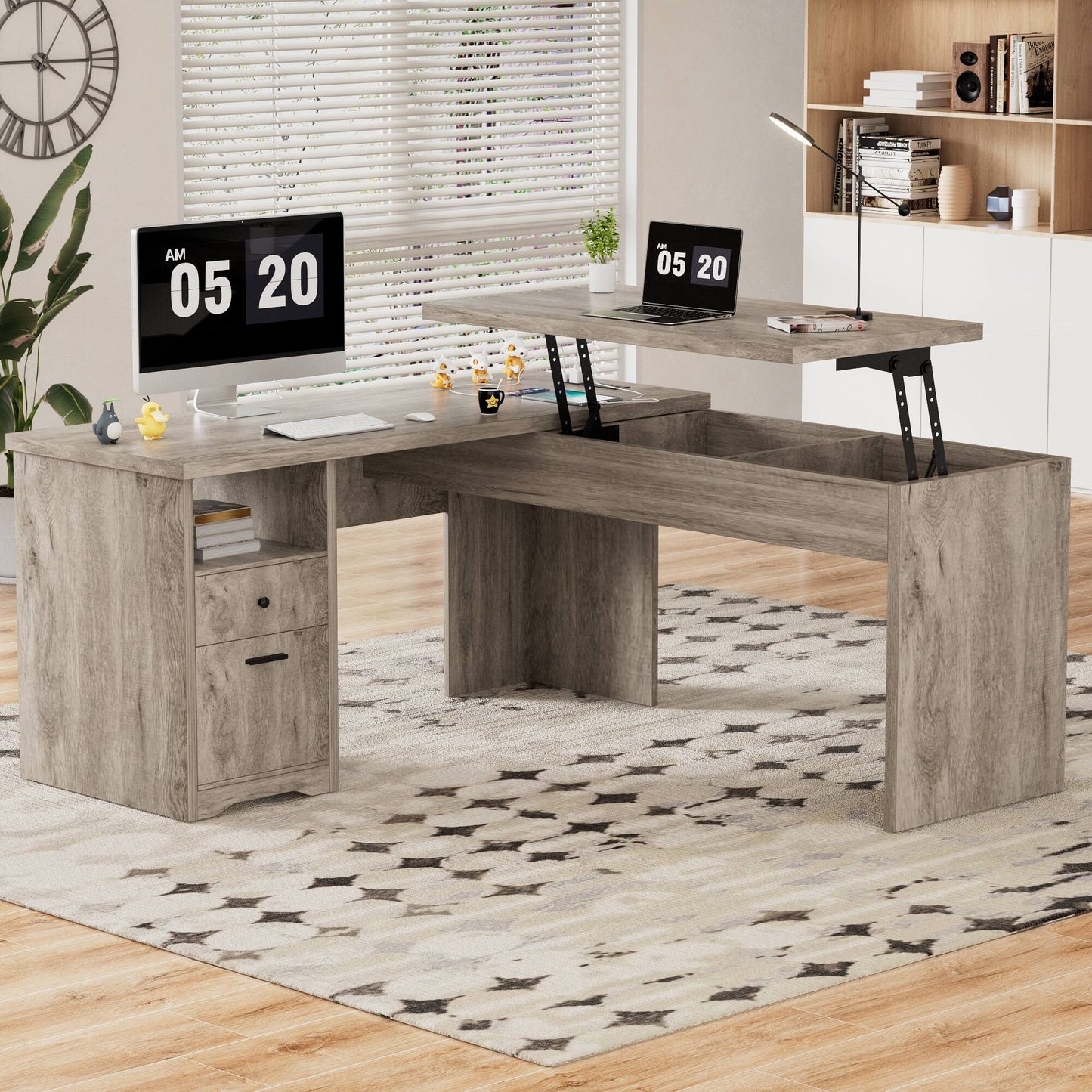 Lift Top L-Shaped Desk with Charge Station, Corner Standing Desk with File Drawers for Home Office