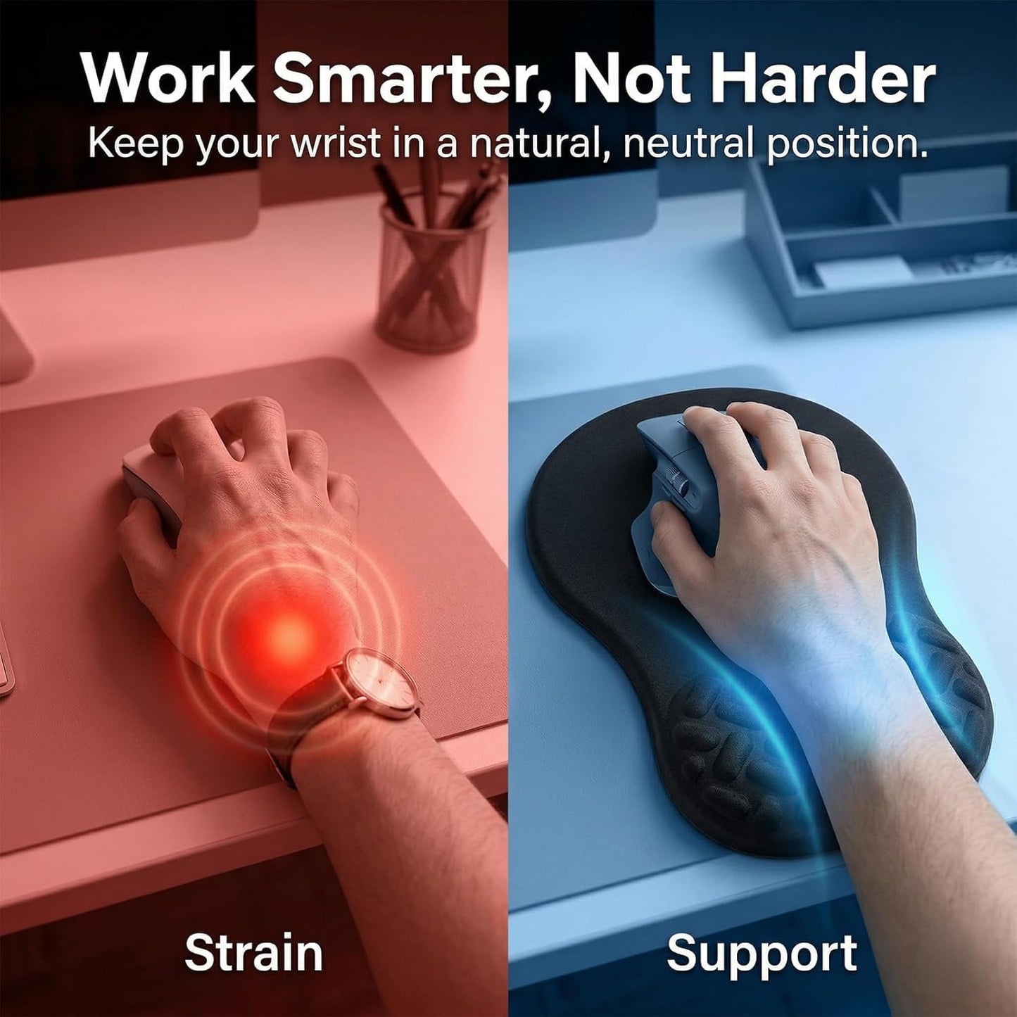 -Ergonomic Mouse Pad Wrist Support with Massage Design, Relieve Wrist Pain Mousepad, Wrist Rest Pain Relief Mousepad with Memory Foam&Non-Slip PU Base, Carpal Tunnel Syndrome (Black)