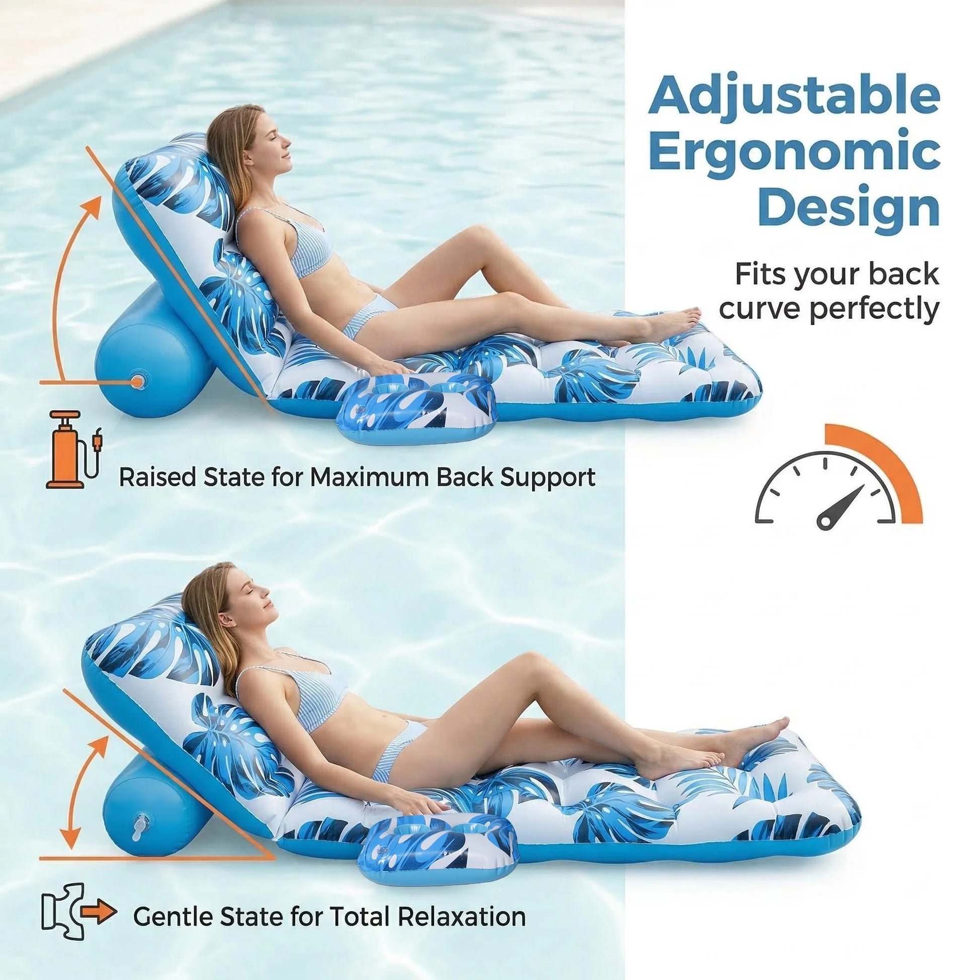 Inflatable Pool Float Adult - Pool Floaties Lounger Floats Floating Chair Raft with Adjustable Backrest Cup Holders Water Floaty Lake Lounge Tanning Floats Beach Party Toys for Adults (Blue)