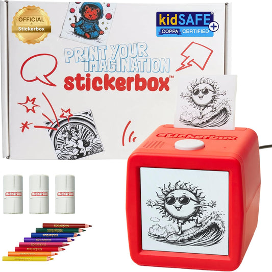 Stickerbox AI Voice-Powered Mini Sticker Maker for Kids - Portable Thermal Inkless Printer with 3 Paper Rolls & 8 Colored Pencils - Ages 5+, Kid-Safe AI Sticker Printer for Screen-Free, Custom Plays