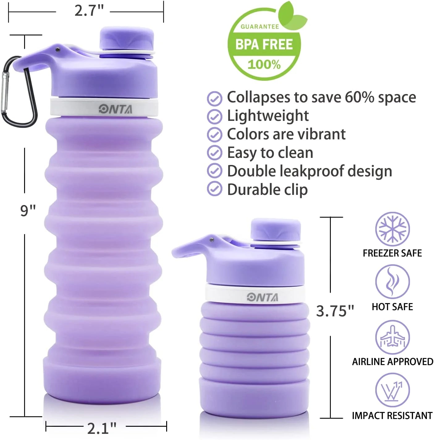 Collapsible Silicone Water Bottle 20oz BPA Free Leak Proof Foldable Portable Travel Bottle with Carabiner - Purple