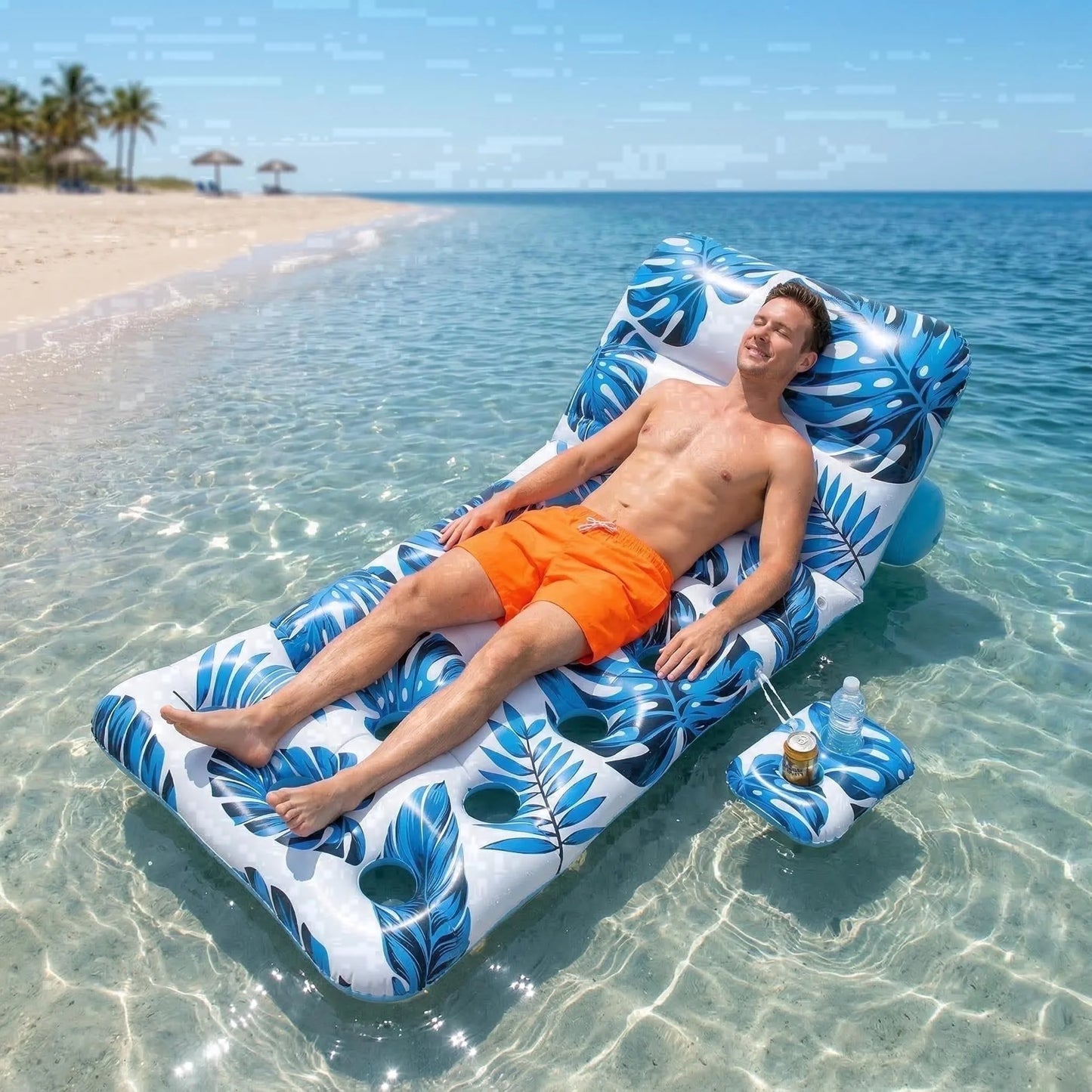 Inflatable Pool Float Adult - Pool Floaties Lounger Floats Floating Chair Raft with Adjustable Backrest Cup Holders Water Floaty Lake Lounge Tanning Floats Beach Party Toys for Adults (Blue)