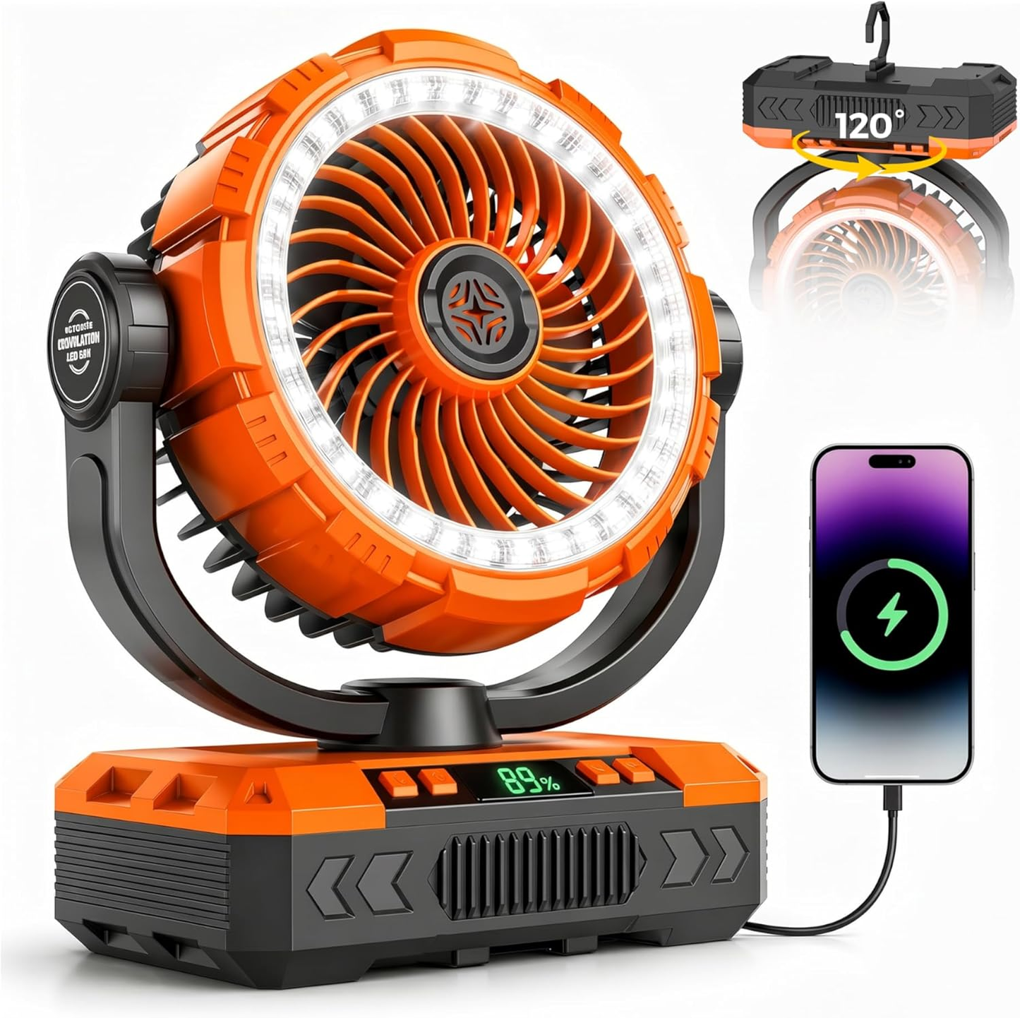 4-in-1 Rechargeable Camping Fan – 20,000mAh Battery, 120° Oscillation, LED Light & 12-Hour Timer