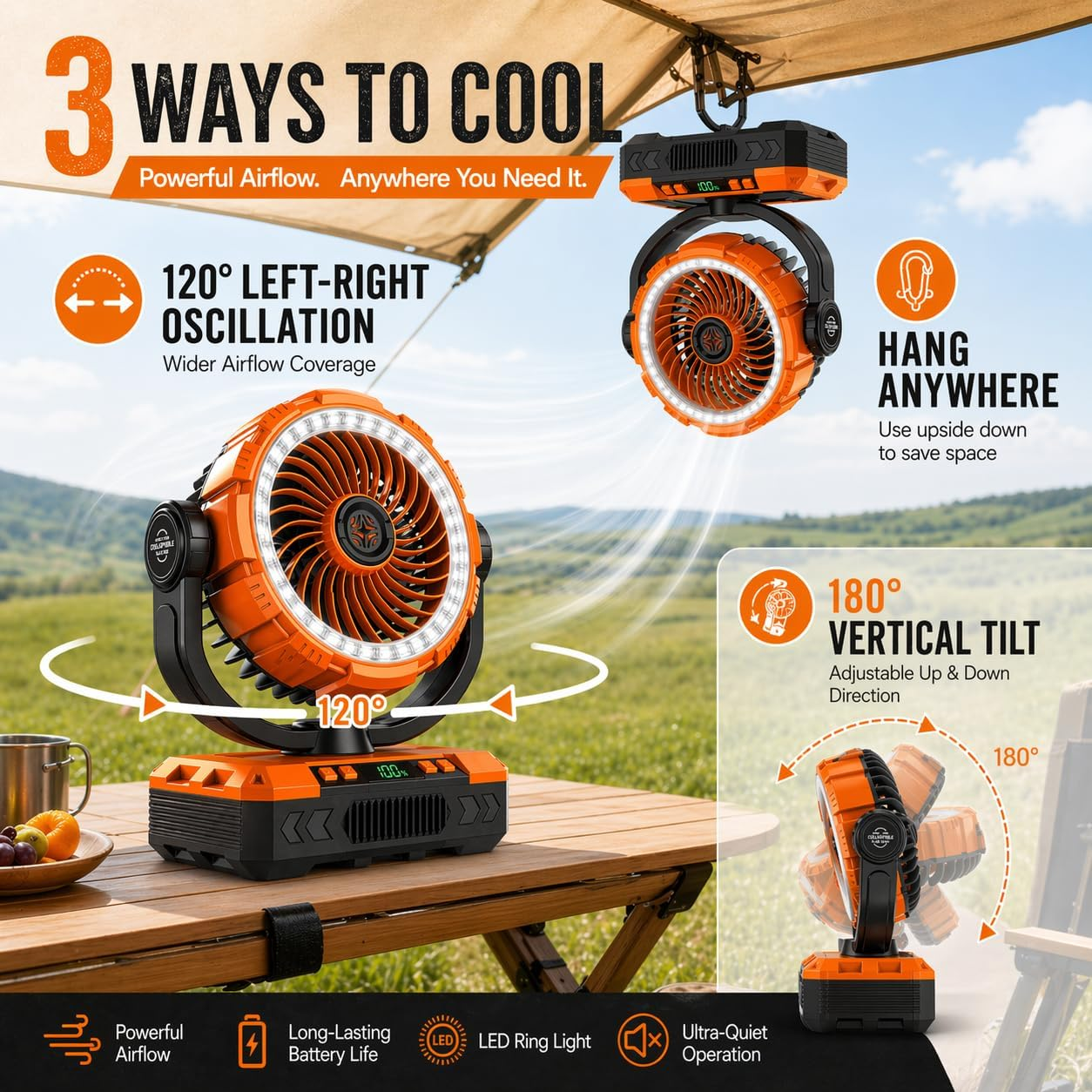 4-in-1 Rechargeable Camping Fan – 20,000mAh Battery, 120° Oscillation, LED Light & 12-Hour Timer