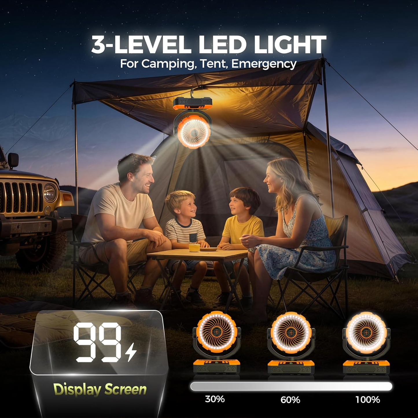 4-in-1 Rechargeable Camping Fan – 20,000mAh Battery, 120° Oscillation, LED Light & 12-Hour Timer
