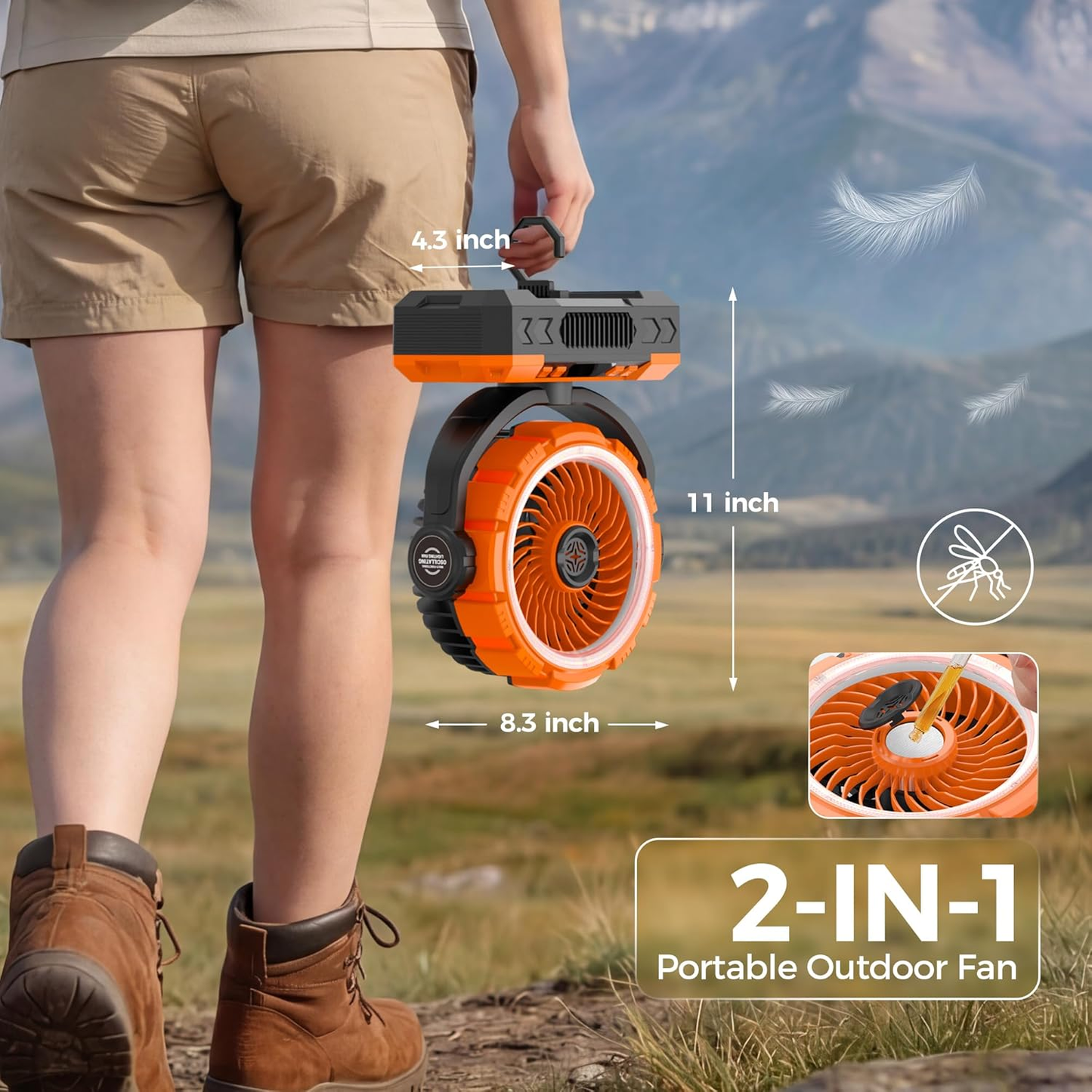 4-in-1 Rechargeable Camping Fan – 20,000mAh Battery, 120° Oscillation, LED Light & 12-Hour Timer