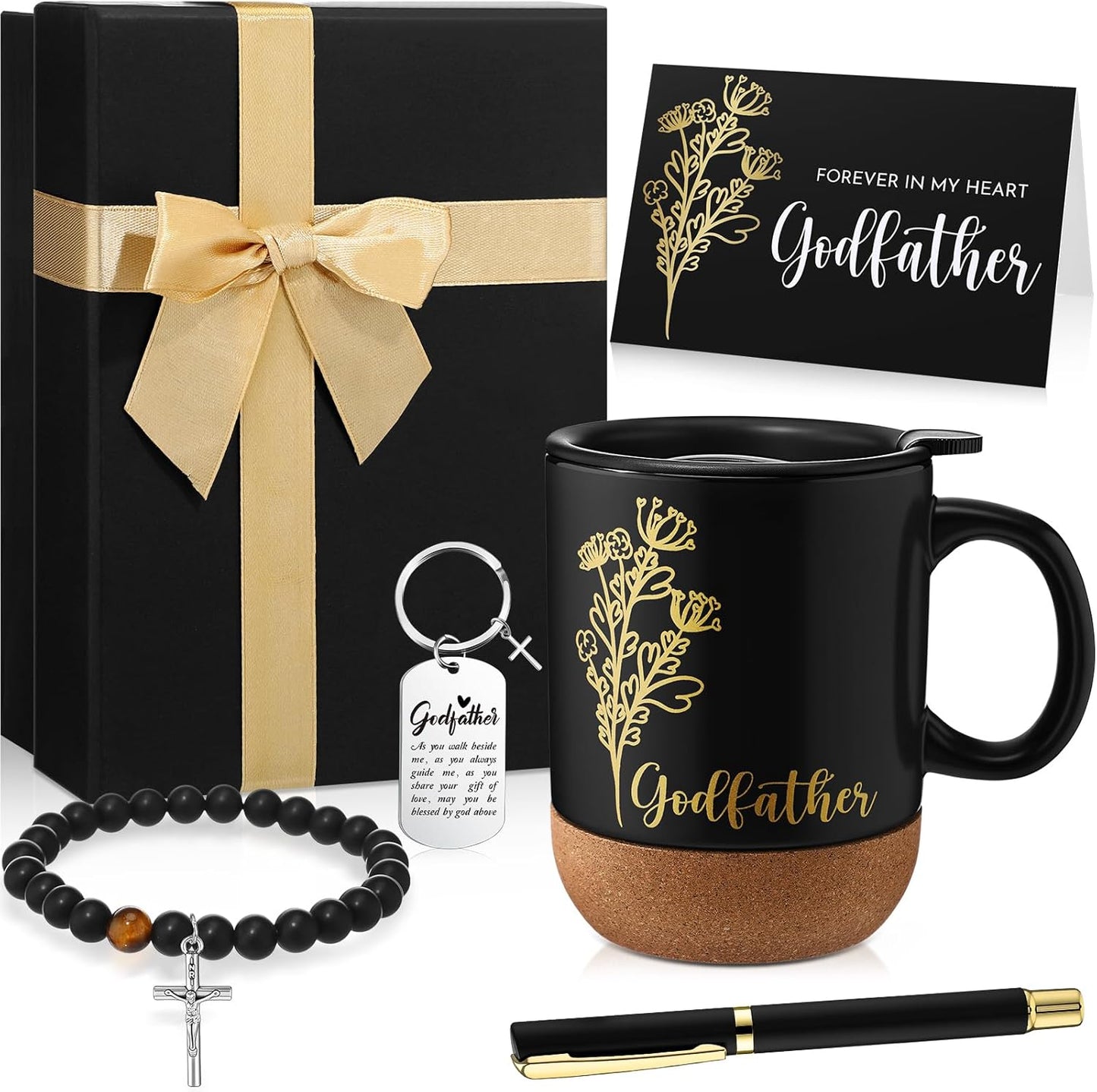 Father'S Day Godfather Proposal Gift for Men God Father Appreciation Gift Set with Father God Mug Cup Keychain Bracelet Forever in My Heart Card for Dad Baptism Favor(Black,Godfather)