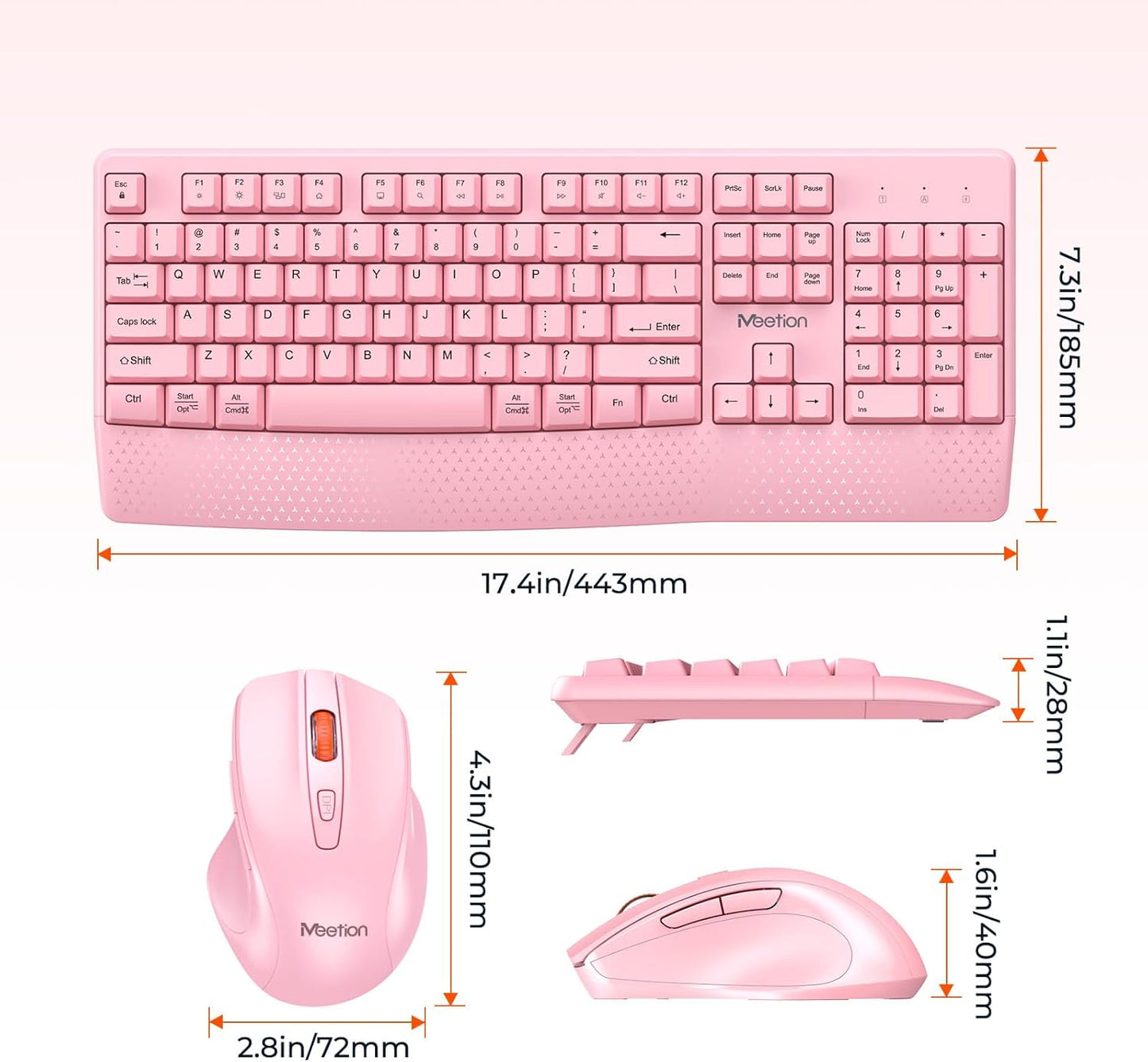 Wireless Keyboard and Mouse, Full-Sized Cordless Keyboard with Wrist Rest, 3 DPI Adjustable Mouse, Keyboard and Mouse Set with 2.4Ghz USB Receiver, for Pc/Computer/Laptop/Windows/Mac, Pink