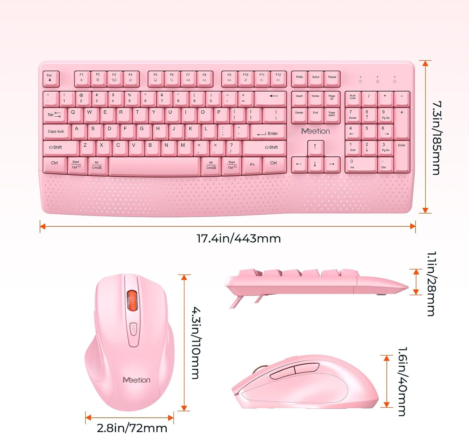 Wireless Keyboard and Mouse, Full-Sized Cordless Keyboard with Wrist Rest, 3 DPI Adjustable Mouse, Keyboard and Mouse Set with 2.4Ghz USB Receiver, for Pc/Computer/Laptop/Windows/Mac, Pink