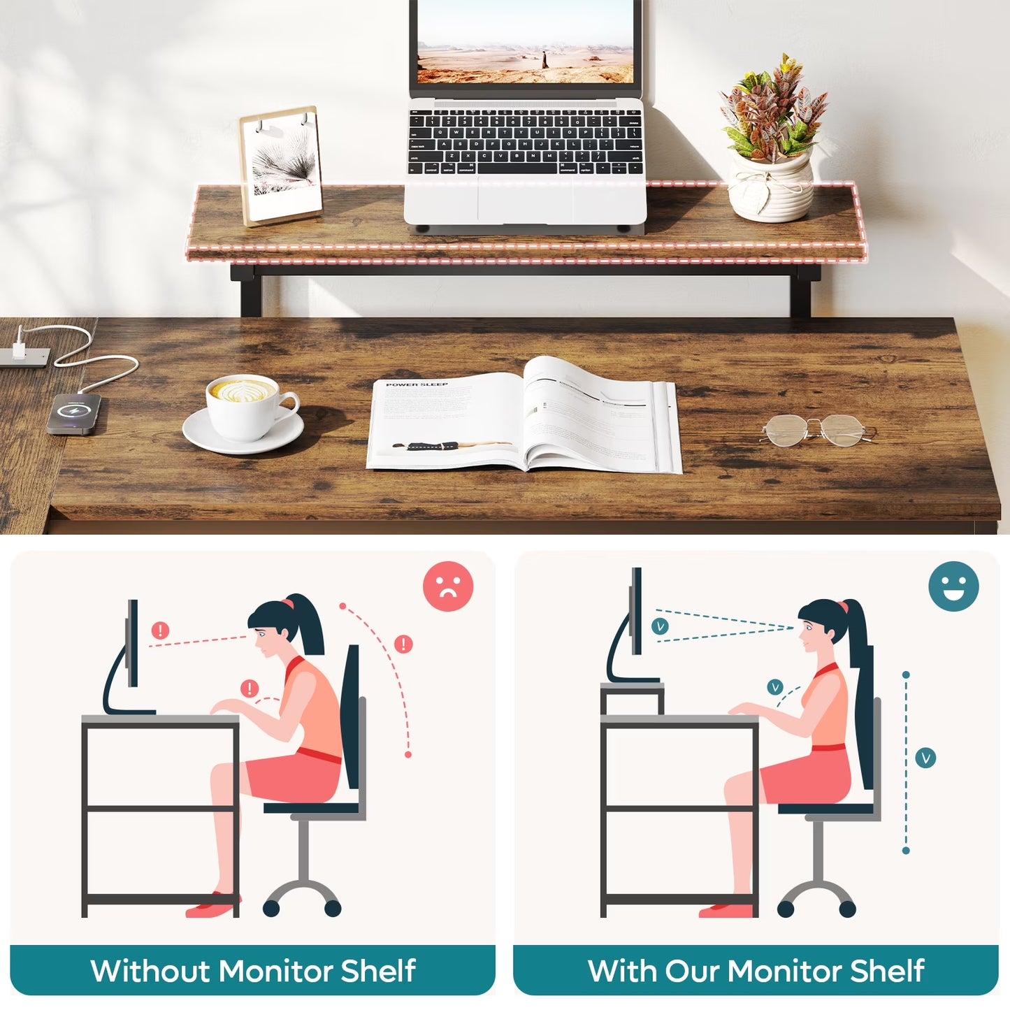 58" Computer Desk with LED Lights L Shaped Corner Desk with Power Outlet & Monitor Stand Home Office Desk, Rustic