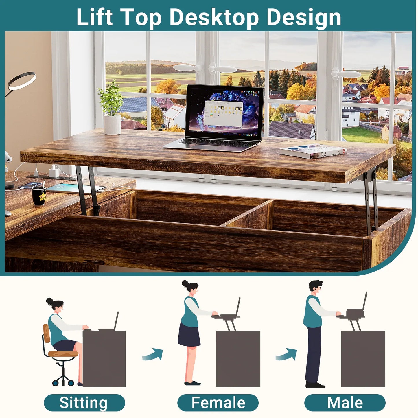 Lift Top L-Shaped Desk with Charge Station, Corner Standing Desk with File Drawers for Home Office
