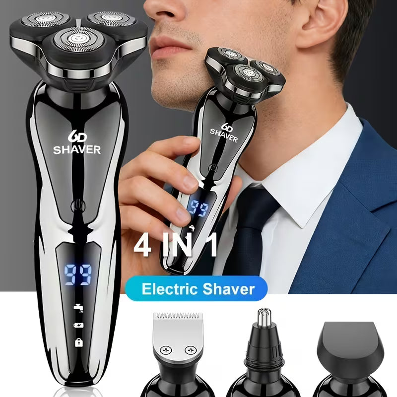 Black rotary electric shaver with digital display, shown with three swappable trimmer heads