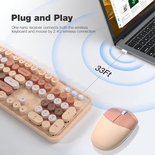 Wireless Keyboard and Mouse Combo -  Coffee Full-Sized Colorful Keyboard 104 Keys - USB 2.4 G Receiver Plug and Play with round Keycap Typewriter Keyboards, for Windows, PC, Laptop, Desktop