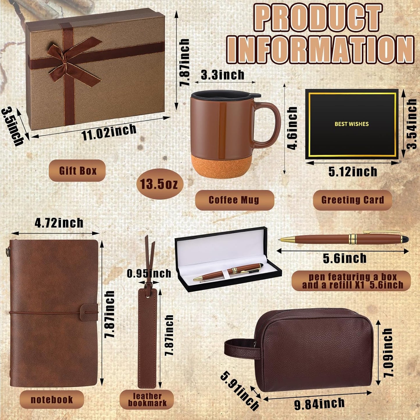 8 Pcs Fathers Day Dad Gifts Set for Mens Gifts Basket Ideas Set Mug PU Leather Notebook Toiletry Bag Bookmark Pen with Box Greeting Card for Dad Grandpa Husband Birthday (Brown)