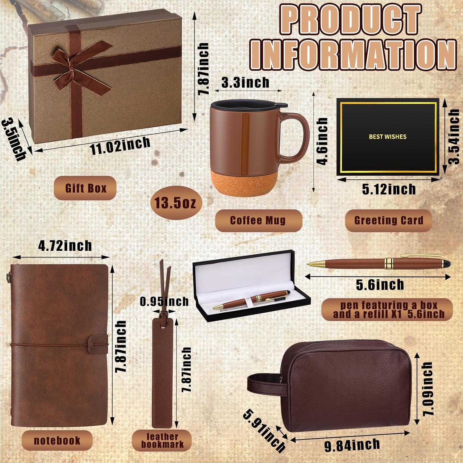 8 Pcs Fathers Day Dad Gifts Set for Mens Gifts Basket Ideas Set Mug PU Leather Notebook Toiletry Bag Bookmark Pen with Box Greeting Card for Dad Grandpa Husband Birthday (Brown)