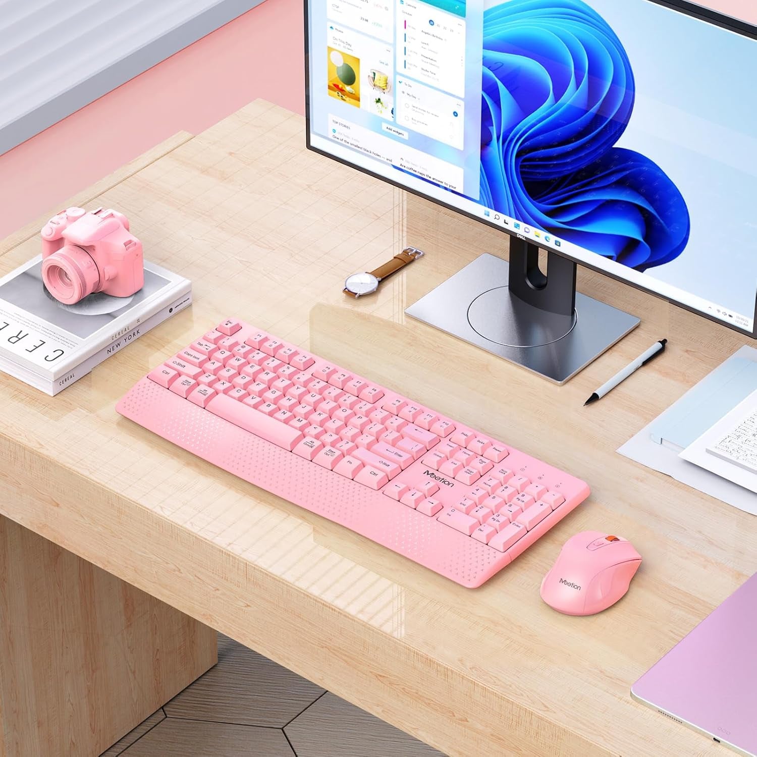 Wireless Keyboard and Mouse, Full-Sized Cordless Keyboard with Wrist Rest, 3 DPI Adjustable Mouse, Keyboard and Mouse Set with 2.4Ghz USB Receiver, for Pc/Computer/Laptop/Windows/Mac, Pink
