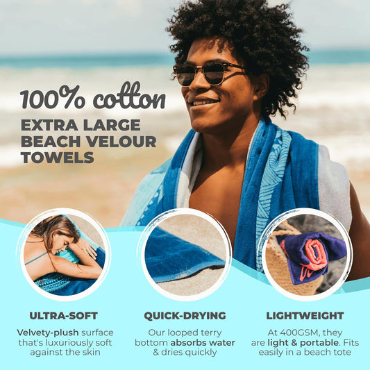Shark Beach Towel – Blue with a Tropical Design, Extra Large, XL (34”X 63”) Cool Hawaiian, Navy Beach Towel with Light Blue Stripe, Made from 100% Cotton