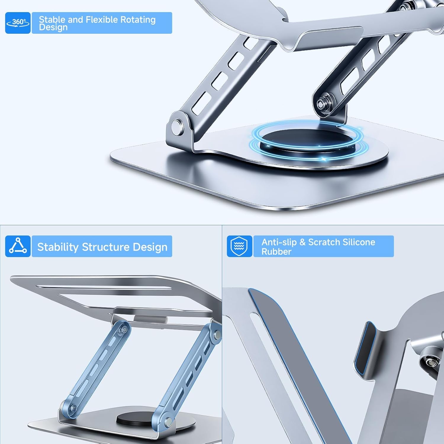 Ergonomic Laptop Stand for Desk, 360° Rotating Aluminum Laptop Riser, Adjustable Notebook Holder for Macbook Air/Pro, Dell, HP, Lenovo (10–15.6", Silver) – Not for Gaming Laptops