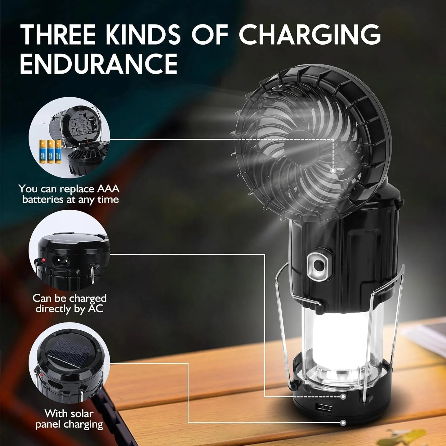Solar Camping Lantern with Rechargeable Battery, Collapsible LED Light and Integrated Cooling Fan, Portable Emergency Light for Outdoor, Black