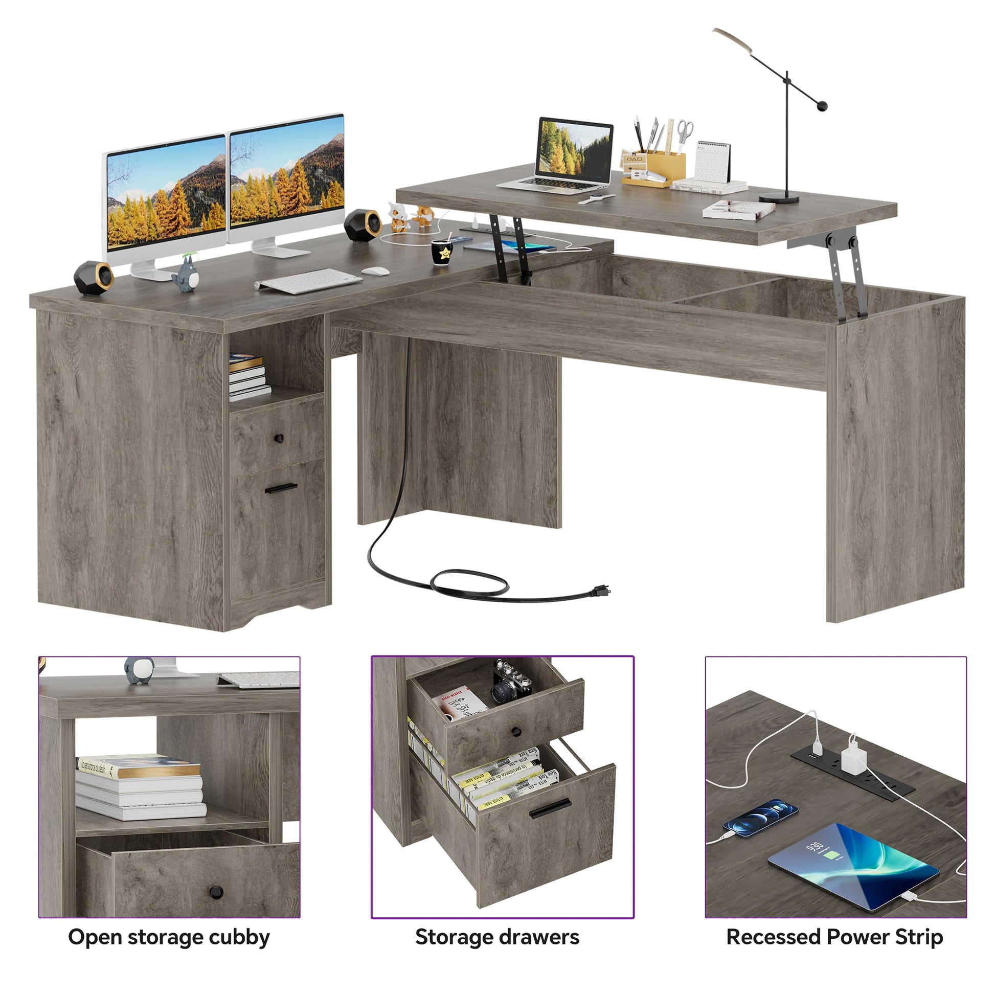Lift Top L-Shaped Desk with Charge Station, Corner Standing Desk with File Drawers for Home Office