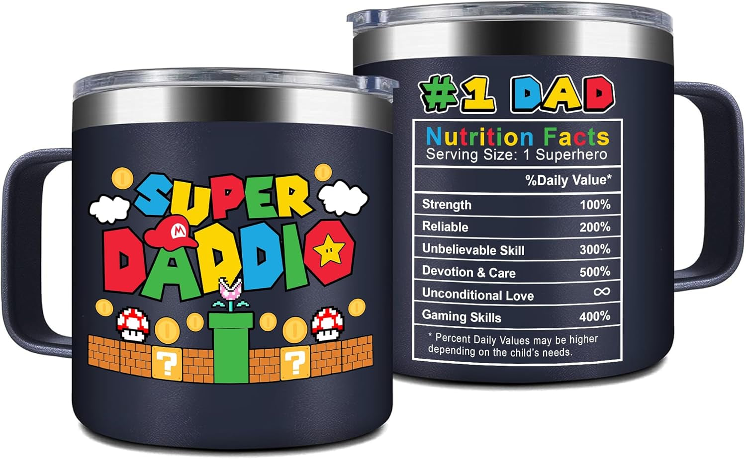 14Oz Super Daddio Travel Coffee Mug Tumbler - No. 1 Dad Nutrition Facts - Christmas, Fathers Day, Birthday Gift for Dad from Daughter Son Kid - Insulated Stainless Steel Cup with Handle