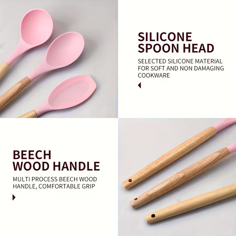 Heat-Resistant Cooking Utensil and Knife Set with Wooden Handles, Pink