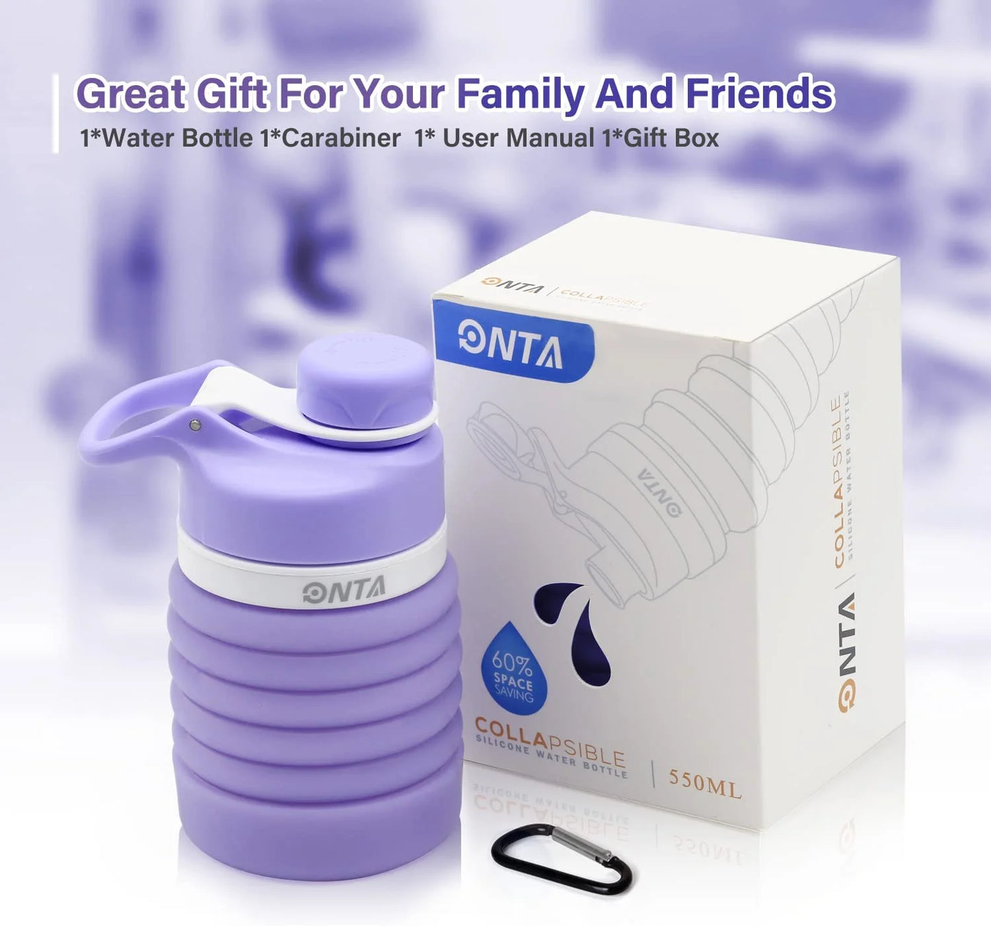Collapsible Silicone Water Bottle 20oz BPA Free Leak Proof Foldable Portable Travel Bottle with Carabiner - Purple