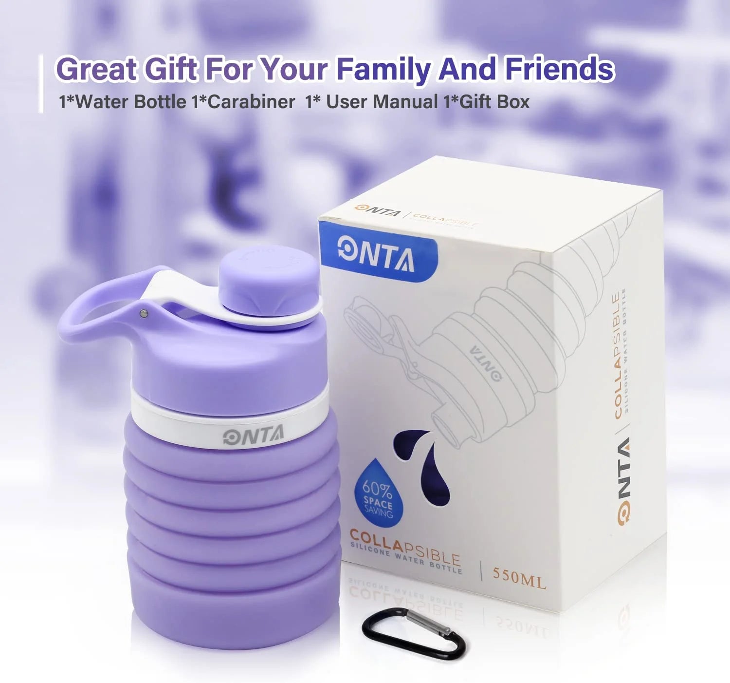 Collapsible Silicone Water Bottle 20oz BPA Free Leak Proof Foldable Portable Travel Bottle with Carabiner - Purple