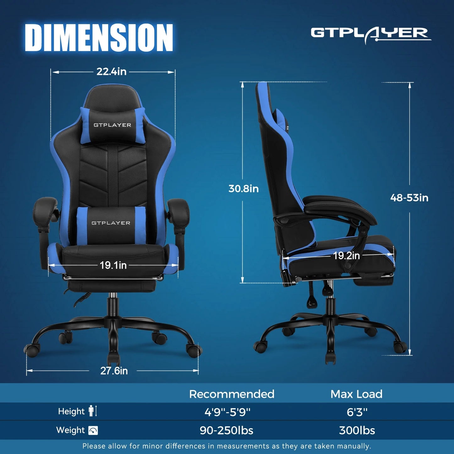 Height Adjustable Computer Gaming Chair, Blue
