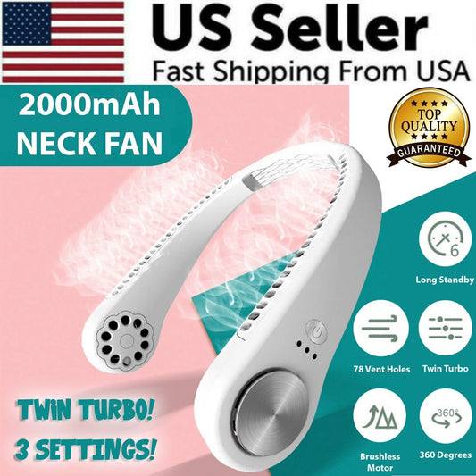 USB Portable Hanging Neck Fan – Rechargeable Cordless Bladeless Neckband Air Cooler with 360° Cooling, 3 Speed Levels & Low Noise (White)