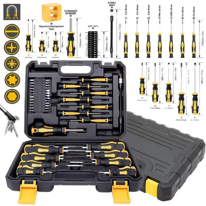 43-piece screwdriver set laid out above its open carry case, with individual bits and drivers shown