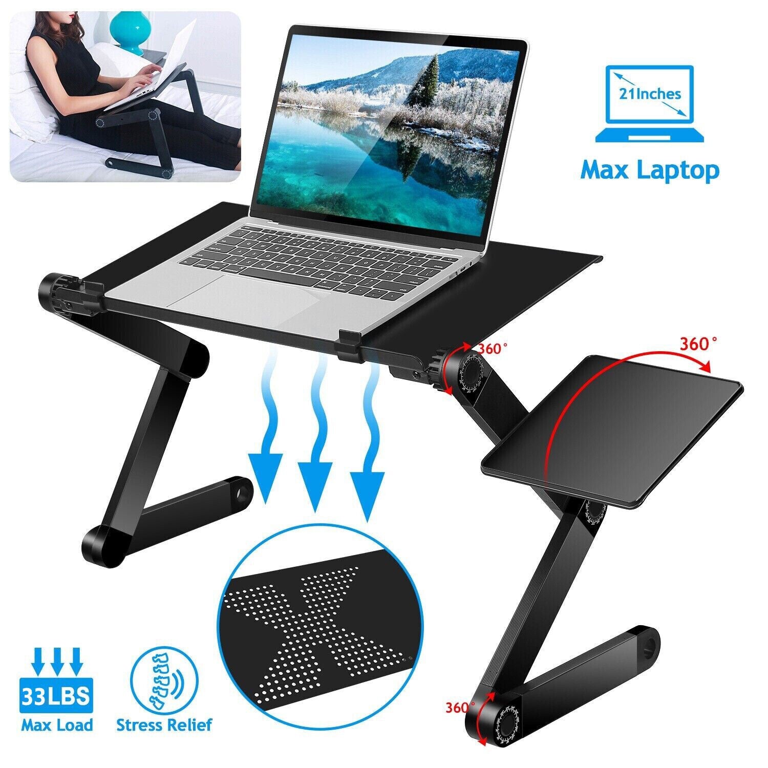 360° Adjustable Folding Laptop Notebook Desk + Cooling Fan Table Stand Bed Tray