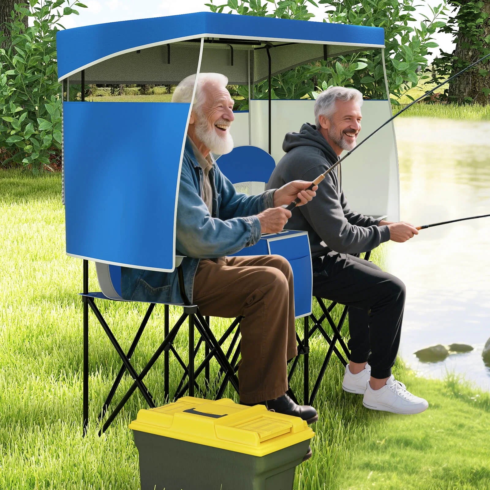 Double Beach Chair with Adjustable Canopy Oversized Folding Camping Chair Navy