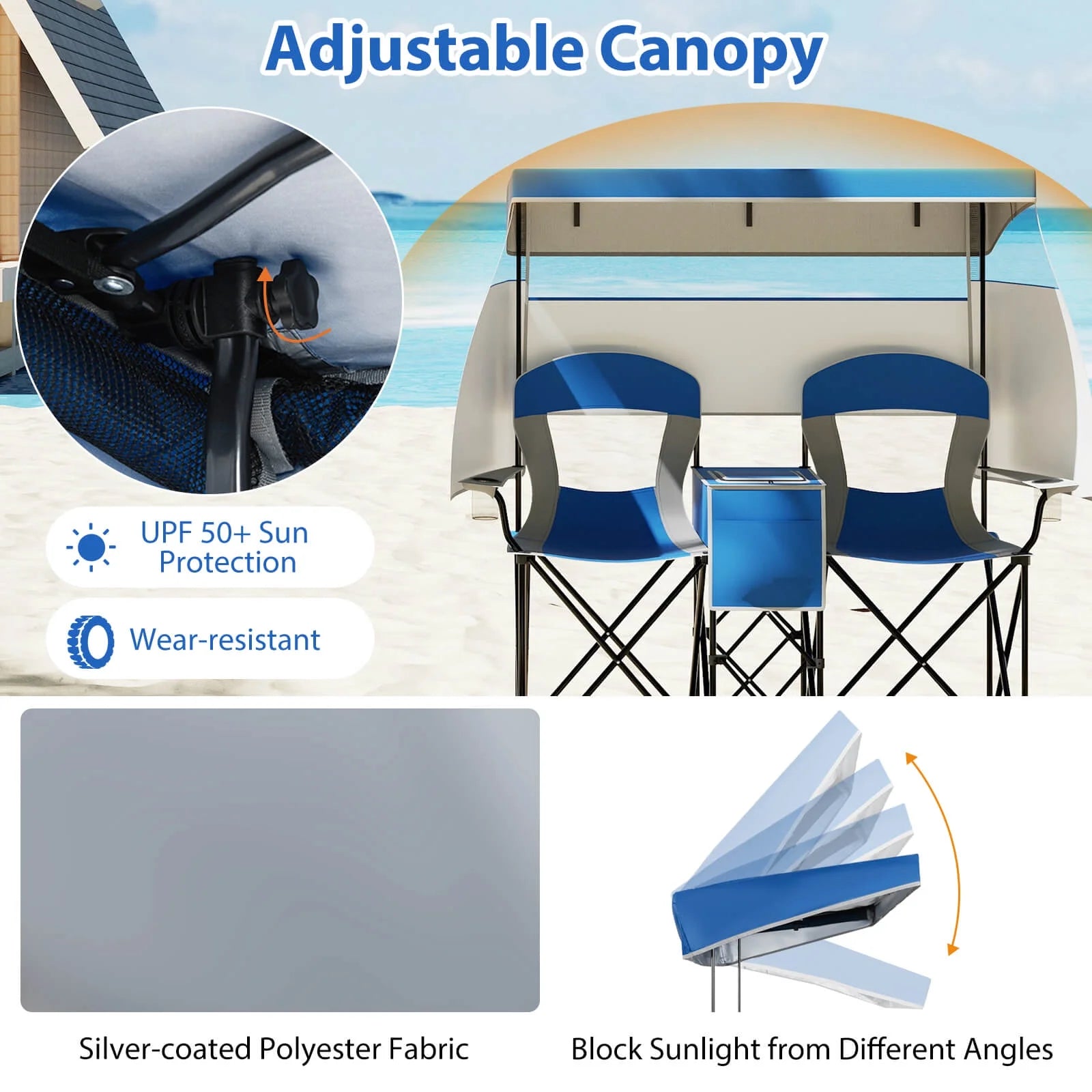 Double Beach Chair with Adjustable Canopy Oversized Folding Camping Chair Navy