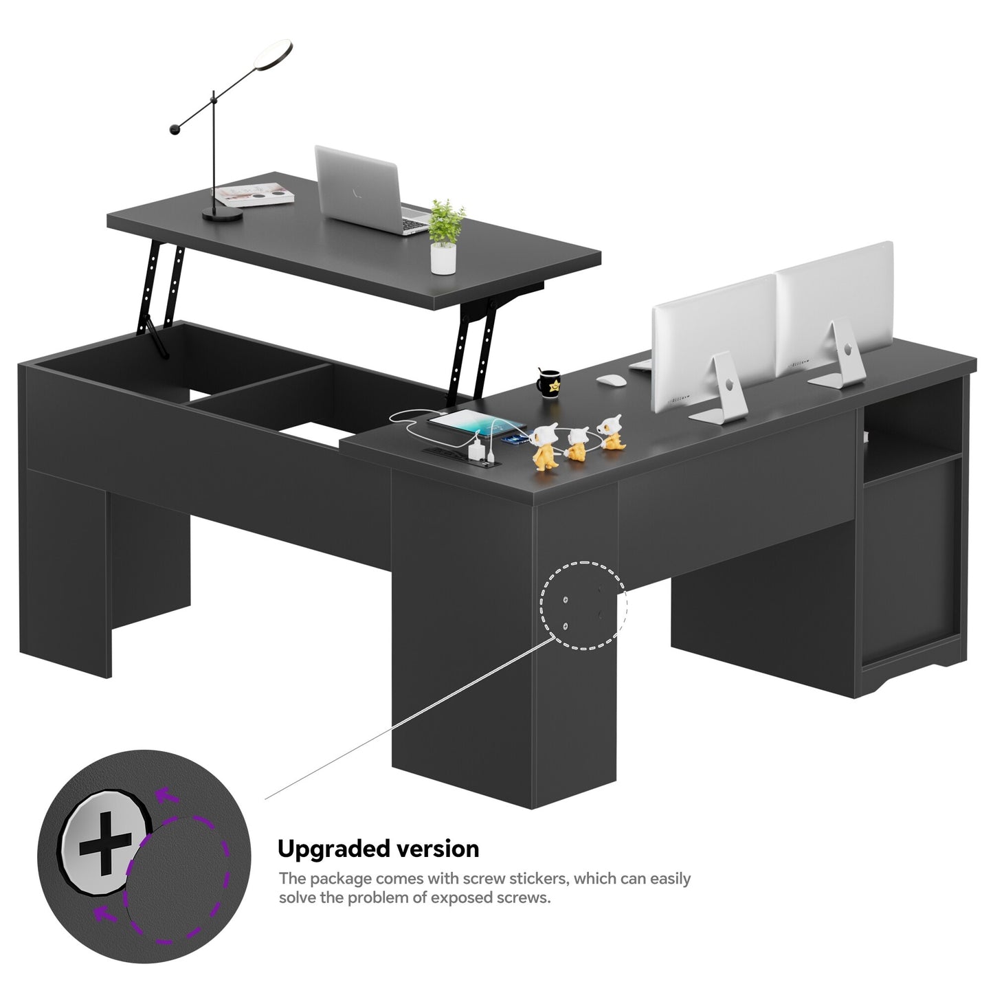 Lift Top L-Shaped Desk with Charge Station, Corner Standing Desk with File Drawers for Home Office