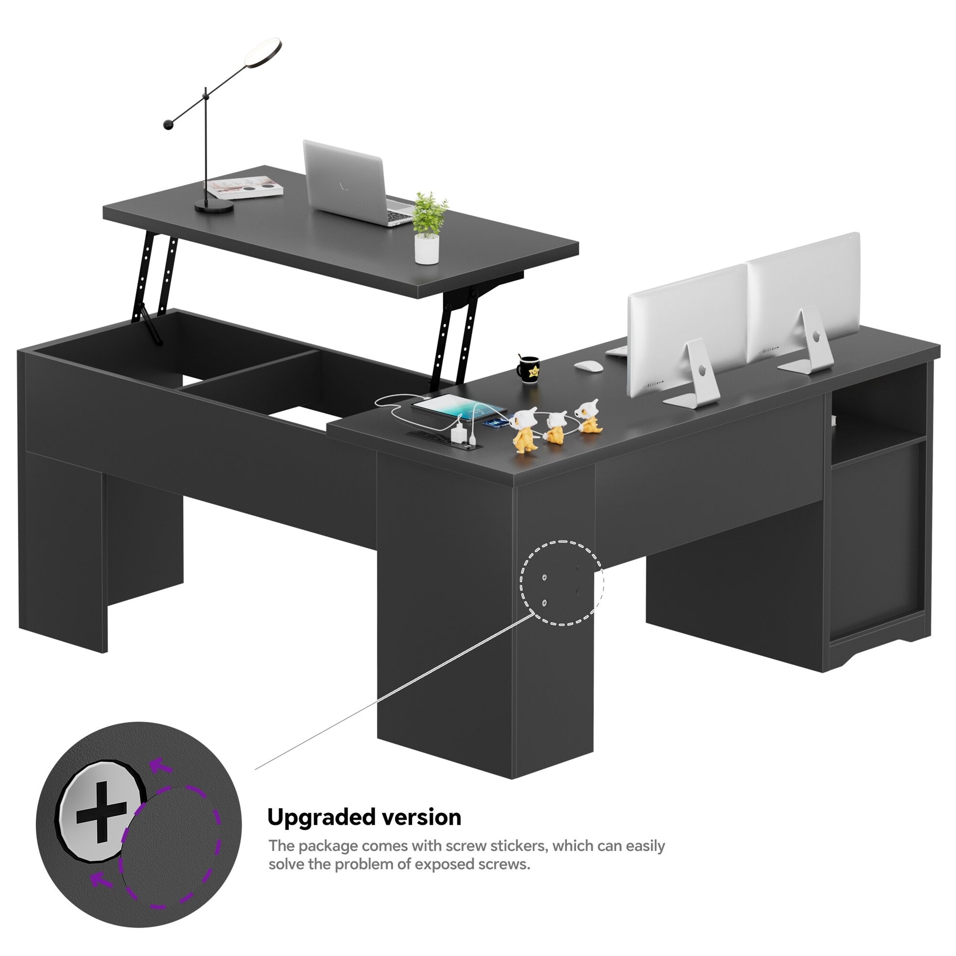 Lift Top L-Shaped Desk with Charge Station, Corner Standing Desk with File Drawers for Home Office