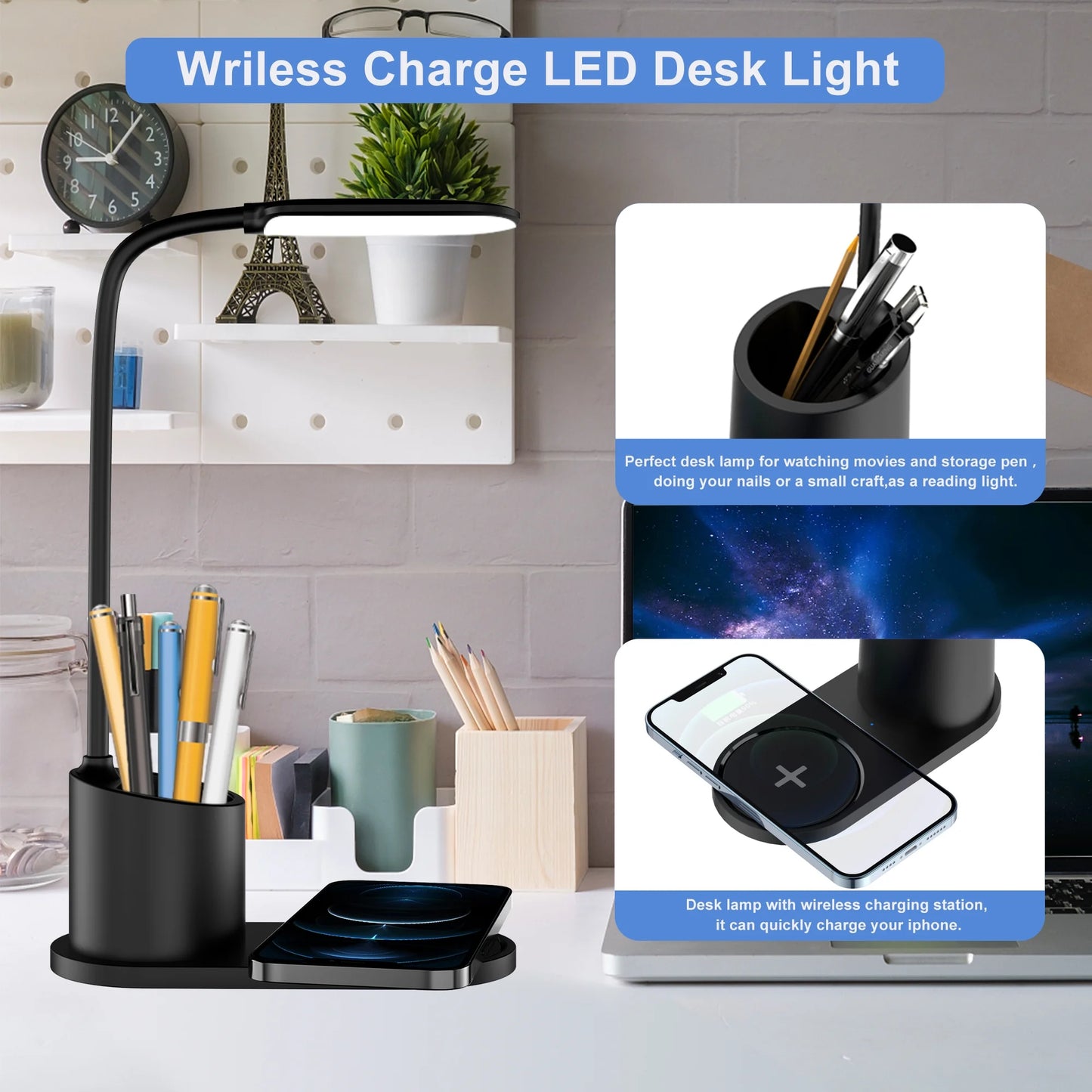 Small Led Desk Lamp for an Office in Home with USB Port and Wireless Charging - 3 Modes Dimmable Gooseneck Desk Light（Black）