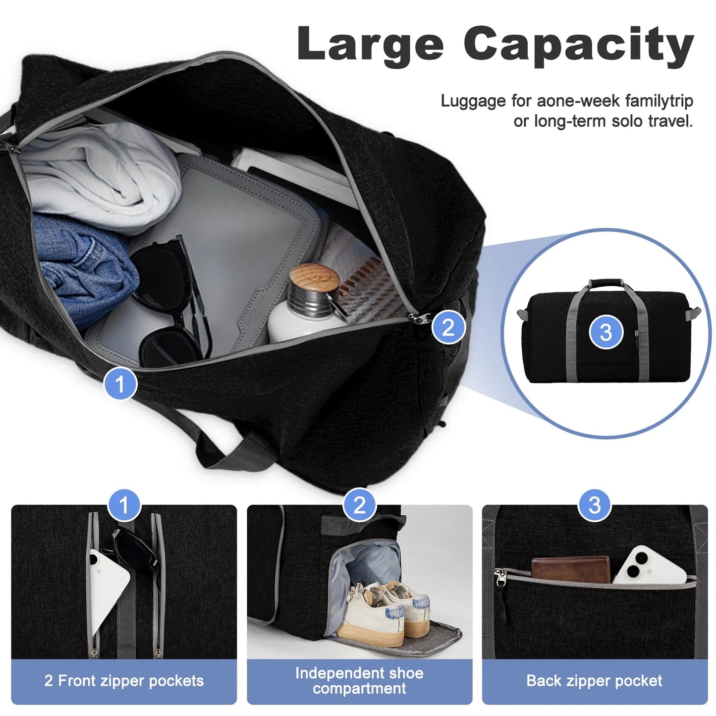 Travel Duffle Bag 24" Foldable Weekender Bags Men Women, 60L Carry on Waterproof Overnight Bag Gym Bag with Shoes Compartment Trolley Sleeve, Large Packable Tote Duffel Bag for Sports Plane