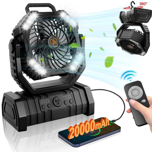 Camping Fan with LED Lantern, 20000mAh Rechargeable Battery, 270° Adjustable Rotation, 4-Speed Portable Tent Fan, Black