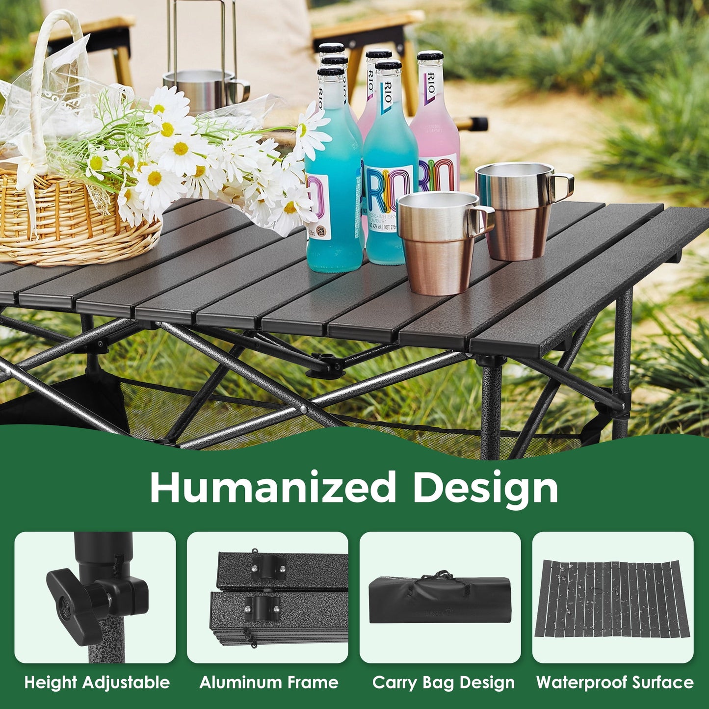 Folding Camping Table Adjustable Height 21-36 in Steel Frame 37 x 22 in Outdoor Picnic Table Black