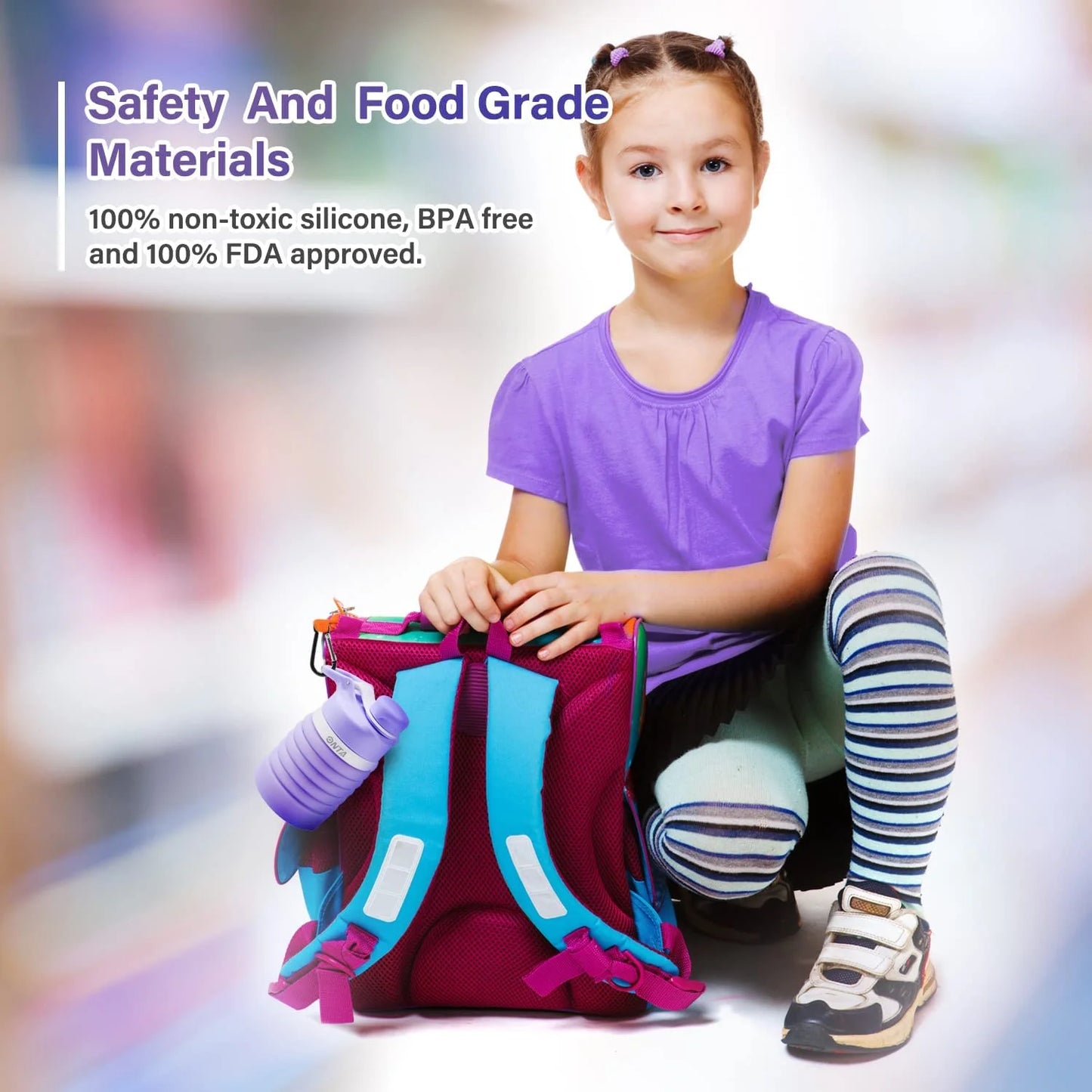 Collapsible Silicone Water Bottle 20oz BPA Free Leak Proof Foldable Portable Travel Bottle with Carabiner - Purple