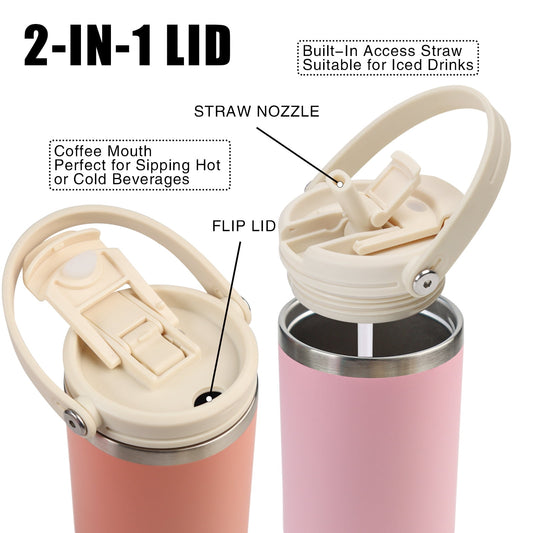 30 Oz Insulated Water Bottle with Straw Lid & Handle - Double Wall Vacuum Stainless Steel Tumbler Leakproof Travel Mug Pink
