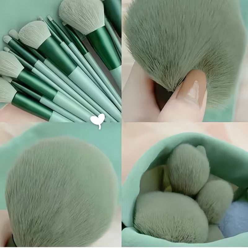 Green Makeup Brush Set, 13 Brushes and 2 Puffs with Storage Bag
