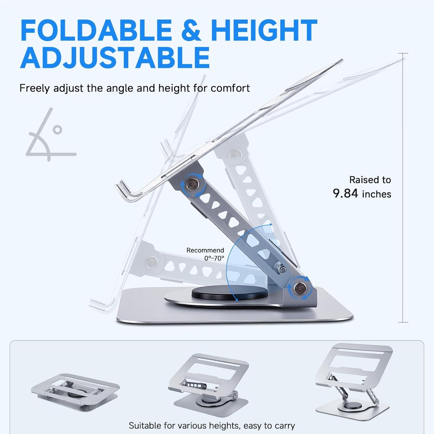 Ergonomic Laptop Stand for Desk, 360° Rotating Aluminum Laptop Riser, Adjustable Notebook Holder for Macbook Air/Pro, Dell, HP, Lenovo (10–15.6", Silver) – Not for Gaming Laptops