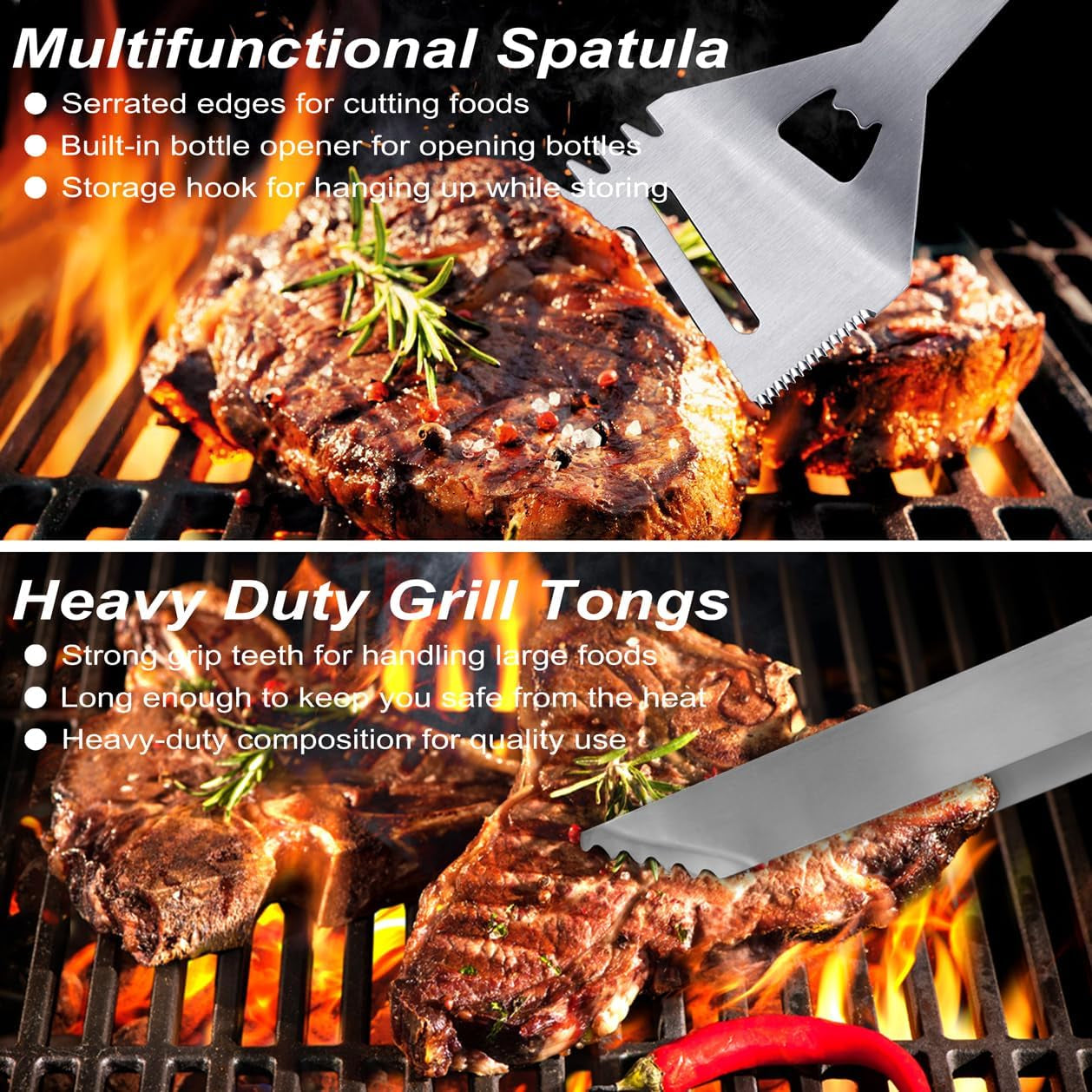 29 Piece BBQ Grill Tools Set Stainless Steel with Storage Bag, Thermometer, Tongs, Spatula, Skewers for Outdoor Cooking Silver