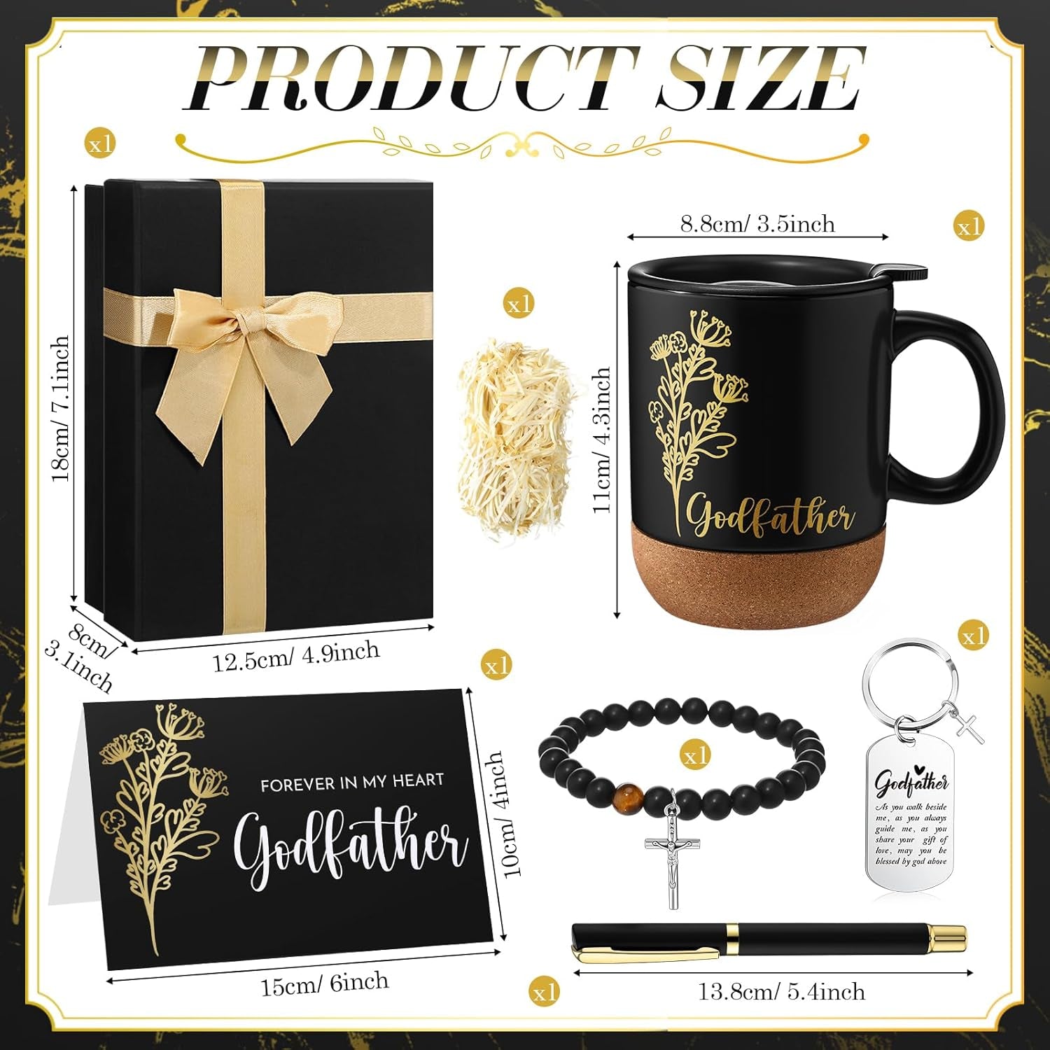 Father'S Day Godfather Proposal Gift for Men God Father Appreciation Gift Set with Father God Mug Cup Keychain Bracelet Forever in My Heart Card for Dad Baptism Favor(Black,Godfather)